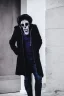 Placeholder: man in white skull mask wearing dark black and purple coloristic coat