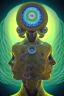 Placeholder: Spiritual being with Tentacles over human Head creating reality around, wrapping Spiral around Human, Psychedelic