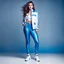 Placeholder: liminal space, blue and white, retrofuturism, empty stage,full body of very beautiful girl with pants and blouse and jacket , curvy hair ,standing idle pose in studio pretty makeup,perfect face,sport shoes