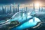 Placeholder: Dreamlike Skyline of Downtown futuristic hightech city in 4050 and a stunning futuristic Bridge During Sunlight over the azur-silver color river, cold colors, high detalied, sci-fi, landscape