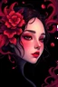 Placeholder: A girl face in the backgound in James Jean illustration style, vibrant colors, red colors, intricate details, flowing objects, ethereal lighting, 4k resolution, black background