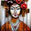 Placeholder: an abstract painting of rusted metal and flowers, Geisha portrait, rust, scaffolding, iron cladding, decay, mixed media, textured, anatomically correct, beautiful perfect face, sharp focus, highly detailed