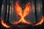 Placeholder: image HD realiste. nuée de papillons enflammés volant dans une forêt sombre. des flammes commencent à embraser la foret. Une silhouette de feu se dessine dans le brasier au centre de l'image.