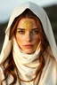 Placeholder: human woman brown hair priestess with sun symbol with hood real life white robe