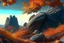 Placeholder: autumn vegetation, one exoplanet in the horizon, big stones, cliff, surrealistic, sci-fi.