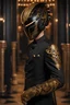 Placeholder: A man Male model wearing a CYBER PUNK EDM EQUALIZER LED HELMET But it's a EDM Neon style black with gold pattern luxury style. He wore an black suit with golden ancient Greek patterns. The forearm for sale has a red leopard tattoo and the right arm has a gold dragon tattoo. Wear black gloves. Make a standing posture and hold the tip of your right hand with your right hand. half body.