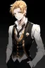 Placeholder: Anime boy at a masquerade ball wearing fitted waistcoat, stark black against the crisp white of his button-up. His sleeves were loosely rolled up to reveal toned forearms. Still, the top two buttons of his shirt had been purposefully left undone, his golden hair artfully ruffled and his braid falling down his back gracefully