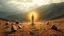 Placeholder: "A serene landscape where broken objects are scattered around, but the central figure stands calm and glowing, radiating peace and understanding."