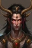 Placeholder: Agrona can be described as handsome, with smooth skin and a sharp jaw. He has vibrantly scarlet eyes and massive horns sprouting from the sides of his black hair like an elk's antlers, except shiny and black, each coming to a spear-sharp point. His horns have several gold and silver rings wrapped around the many prongs, and bejeweled chains also trace the lines of the horns.