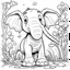 Placeholder: cartoon illustration, coloring book page, happy elephant, nature, black and white, clean