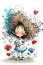 Placeholder: Whimsical stylized illustration of a cute toddler girl with an enormous, chaotic cloud of frizzy curly hair, scribbly hair textures with colorful tiny flowers tucked in, head tilted back with a smug mischievous grin and closed eyes. She is in a dynamic, playful wide-legged stance, leaning low to one side with one hand on her knee. Wearing an oversized white t-shirt and baggy cream pants featuring large, bold retro 70s floral patterns in blue, red, and yellow. BING