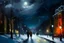 Placeholder: oil paint, people walking at night on a snowy street, night lights, colours, trees without leaves, moon behind clouds, extra ordinary details