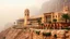 Placeholder: Luxury Hotel,arabic architecture,traditional wind towers,Souk Madinat Jumeirah in Dubai,on the cliff,Desert, rock mountain background ,foggy, stone mountain,moebius style