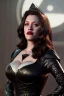 Placeholder: Kat Dennings as evil queen in black leather gown, cleavage, angry, stern look, unreal 5, octane render,cinema4d, dynamic lighting, dramatic lighting, 4k, redshift render, highly detailed, hyper realistic