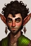 Placeholder: Brown elf with pointy ears and super curly black hair with a beard and black eyes