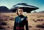 Placeholder: [bokeh color photo by Helmut Newton] female starfleet cadet torned jacket uniform horrified by a monster in a desolate landscape beside a starship.