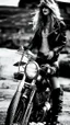 Placeholder: blends the gritty and atmospheric motorcycle art of David Mann with the seductive and playful fashion photography of Ellen von Unwerth. in a rugged and atmospheric inspired by Mann's iconic motorcycle artwork. Incorporate elements such as vintage motorcycles, worn-out buildings, or dusty landscapes to capture gritty and adventurous spirit of Mann's work. Within this setting, introduce a subject with sensuality and playfulness, drawing inspiration from von Unwerth's fashion photography. Dress t