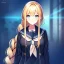 Placeholder: girl, masterpiece, best quality, volumetric lighting, detailed outfit, perfect eyes, long hair, golden hair, blue eyes, black stockings, school outfit, braided ponytail,