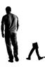 Placeholder: black silhouette of two adult men, one tall and muscular, the other short and thin, walking away from the camera on solid white background