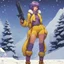 Placeholder: [illustration by Moebius] Faye Valentine, clad in her iconic outfit (a yellow short and a yellow crop top), stands in the snow of Callisto with furry boots. She points her trusty gun. Amidst the icy winds and swirling snowflakes, Faye's violet hair is an 80s update of the flapper Bob, reflecting the cold beauty of the alien world.