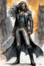 Placeholder: Create a fine art print , full body illustration of a haggard epic fantasy sword and sorcery character with long flowing hair , finely lined and detailed facial features, in an laced leather jerkin, grey leather breeches , a short oriental belted sash at the waist, stealthy soft leather slippers, , in the comic book style of Bill Sienkiewicz, Howard Chaykin, Mike Mignola, Philippe Druillet, and Jean Giraud Moebius, precisely drawn, colored and inked