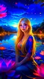 Placeholder: "Craft a captivating digital painting featuring a pretty anime girl, her long, soft, shiny golden hair cascading around her. Her lovely bright blue eyes captivate the viewer as she stands surrounded by a serene lake adorned with pink lotus flowers. The girl is fully dressed in gorgeous glowing lotus flowers, set against a backdrop of a glowing night sky filled with vivid colors. Your artwork should transport the audience into a scene of tranquility and beauty, inviting them to lose themselves in