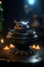 Placeholder: nightmare, cauldron with shining sigil and containing a slightly alien furry gremlin in it, prize winning oil painting, ,bokeh like f/0.8, tilt-shift lens 8k, high detail, smooth render, down-light, unreal engine