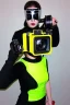 Placeholder: MetCyber-punk style camera-mask. Large fencing mask covers cheeks. Trim girls. Reflective plastic body surface. Camera lenses as eyes. Head full of integrated old-fashioned cameras. Golden to cyan surfaces body. Perfect body, thick thighs and calves. Selfies, old-fashioned cameras, both hands. Wide hip. Partly symmetrical. Camera lenses cover the most of the body. Euclidean 3D-tiling, Escher. Mathematically impossible. Soviet Propaganda style.