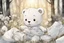 Placeholder: close-up of a cute chibi teddy bear packing piles of white clothes in the forest, laundry machine, grass and flowers next to him, melting watercolour and black ink outlines on wet paper, photorealistic, golden glitters S<AI in sunshine, ethereal, cinematic postprocessing