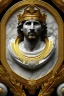 Placeholder: Ultra Realistic image, classical renaissance sculpture, white marble material, Lionel Messi, emperor style, gold Laurel leaves crown, chisel style, waist up portrait, epic, celestial, cinematic lighting, God light, god rays, 4k resolution, smooth details, ornate details, soft lighting, unreal engine 5, marble background.