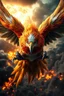 Placeholder: Create a ultra high definition and photorealistic image, 12k quality of a beautiful phoenix, majestic and strength showing, emphasis on texturized claws, upclose with a front view flying towards the camera, centre of an explosive and chaotic background scene of Armageddon where he is followed by demon like dark clouds in persuit trying to grab him, phoenix has striking eyes and determined look, majestic wings folded inwards in flight, bright auburn, black, white, grey and yellow colours, gothic