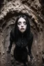 Placeholder: Closeup tall Girl goth with big eyes, huge for a rat, inside claustrophobic, ragged clothes, fullbody, the perspective looking up from the bottom of an empty well , 8k,macro photography,