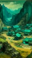 Placeholder: A greenish blue underground mine with a village painted by Zhang Lu