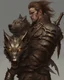 Placeholder: Warrior warrior with leather and metal clothes A combination of a dragon and a wolf and a commander riding on it Warrior warrior with leather and metal clothes and robotic metal