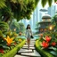 Placeholder: Highly detailed and intricate 3D fractal recursive art, featuring a single young woman/girl wearing fashionable modern clothing, walking directly towards the camera through a lush, futuristic villa garden. The garden is part of a larger technologically-advanced city, with towering skyscrapers and floating vehicles visible in the background. The garden itself is a verdant oasis, with exotic flora, flowing water features, and a seamless integration of natural and artificial elements. Holographic