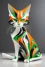 Placeholder: Pop art sculpture of a beautiful cat with long, wavy, thick hair, pointed ears, bright green eyes, Zaha Hadid style, orange, black and white colors, ultra quality, (((full body))), sitting on the floor