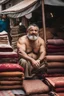 Placeholder: close up photography of a burly beefy strong 44-year-old turk man in Istanbul bazaar, shirtless, selling carpets sitting on a pile of carpets, biig shoulders, manly chest, very hairy, side light, view from the ground