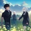 Placeholder: Girl with white hair. Boy with black hair wearing leather. Field