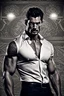 Placeholder: David Gandy Very muscular man short cropped hair and rough beard, tribal tattoos wearing white button up shirt, realistic face, close-up, dark fantasy, interrogation room, intricate details, hyper detailed