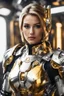 Placeholder: Excellent photography,mechines,realistic photo digital woman,half body,abstracs armored silver chromecast golden colors shine.style: details digital photography, spaceship interior background