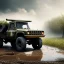 Placeholder: hyperrealistic shot, muddy military toy truck, monotone color palette, sharp focus, puddle reflection, tire water splash, refraction, mist on the horizon, lightbing, shadowcast, detailed and intricate, cinematic composition, micro, tilt shift photography