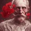 Placeholder: Extremely detailed portrait of man with a fading head into oblivion with red flower accents, digital painting.