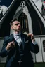 Placeholder: man dressed in church dress clothes ripping open his dress shirt in front of a church