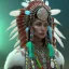 Placeholder: New Mexico pueblo Indian, pueblo Indian, 12k, ultra high definition, finely tuned detail, unreal engine 5, octane render, ultra-realistic face, realistic headdress, detailed make-up, green chile, zia, detailed turquoise jewellery, detailed hair, detailed feathers, red glowing fire background, optimism chain