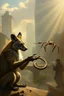 Placeholder: aardwolf man snake spider juggling, painting by Rembrandt, with motion blur city background, and volume light fog with sunlight rays