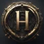 Placeholder: create me a large letter H encased in a thin round, ornate golden ring. mechanical futuristic space cyberpunk style. extra electrical and pneumatic details, robot arms, laserguns. think dyson sphere, warp core, plasma couplings. background should be #000000 full black.