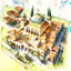 Placeholder: aerial view watercolour drawing of a byzantine cathedral in the style of art novel and torat