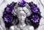 Placeholder: A silver-haired statuesque woman with black-purple silk flowers blooming around her head like a halo. She black to be carved from a block of marble, showcasing an intricate and flawless design. Her enchanting shiny gaze and the delicate flowers, plants decorations surrounding her make this piece a perfect representation of artistry , mystic fantasy and elegance.