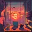 Placeholder: vampire city morning sunrise window coffee using a laptop computer in a game room in a house cartoon style
