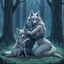 Placeholder: fantasy anime art from an gray bodyhair wolf female anthropomorphic wolf female hibrid kneeling hugs her two anthropomorphic wolf-kid hibrid child on field, in background tall trees wirh big trunks, rain, down on blue-green moss, hug each other , rainy day, high contrast, high detalied, atmospheric, fantasy, sci-fi mood